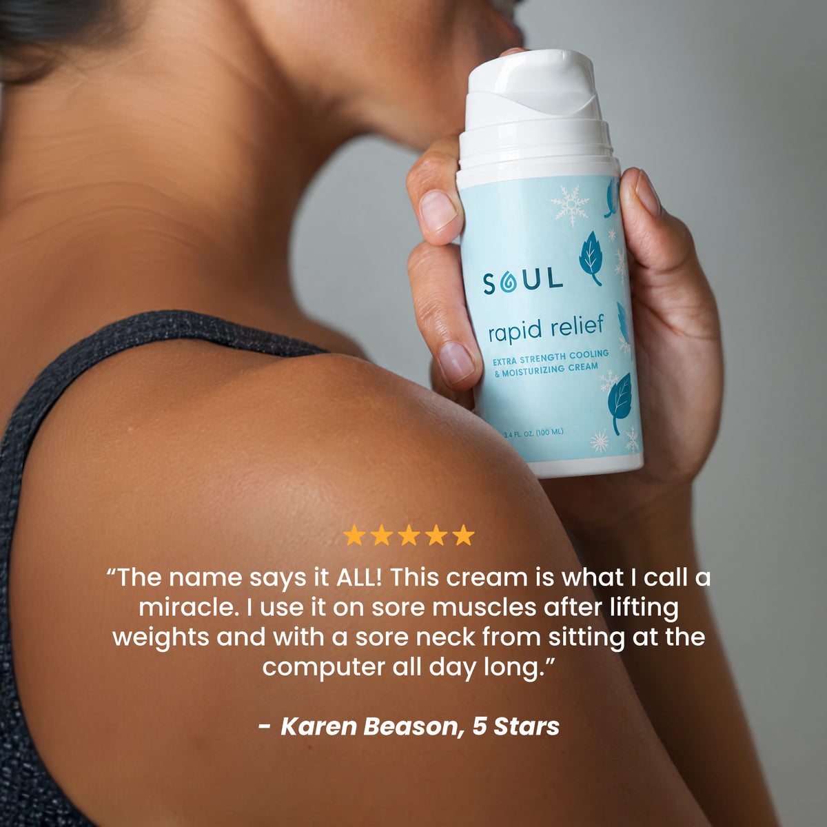Applying Rapid Relief cream to the neck, with a five-star customer review