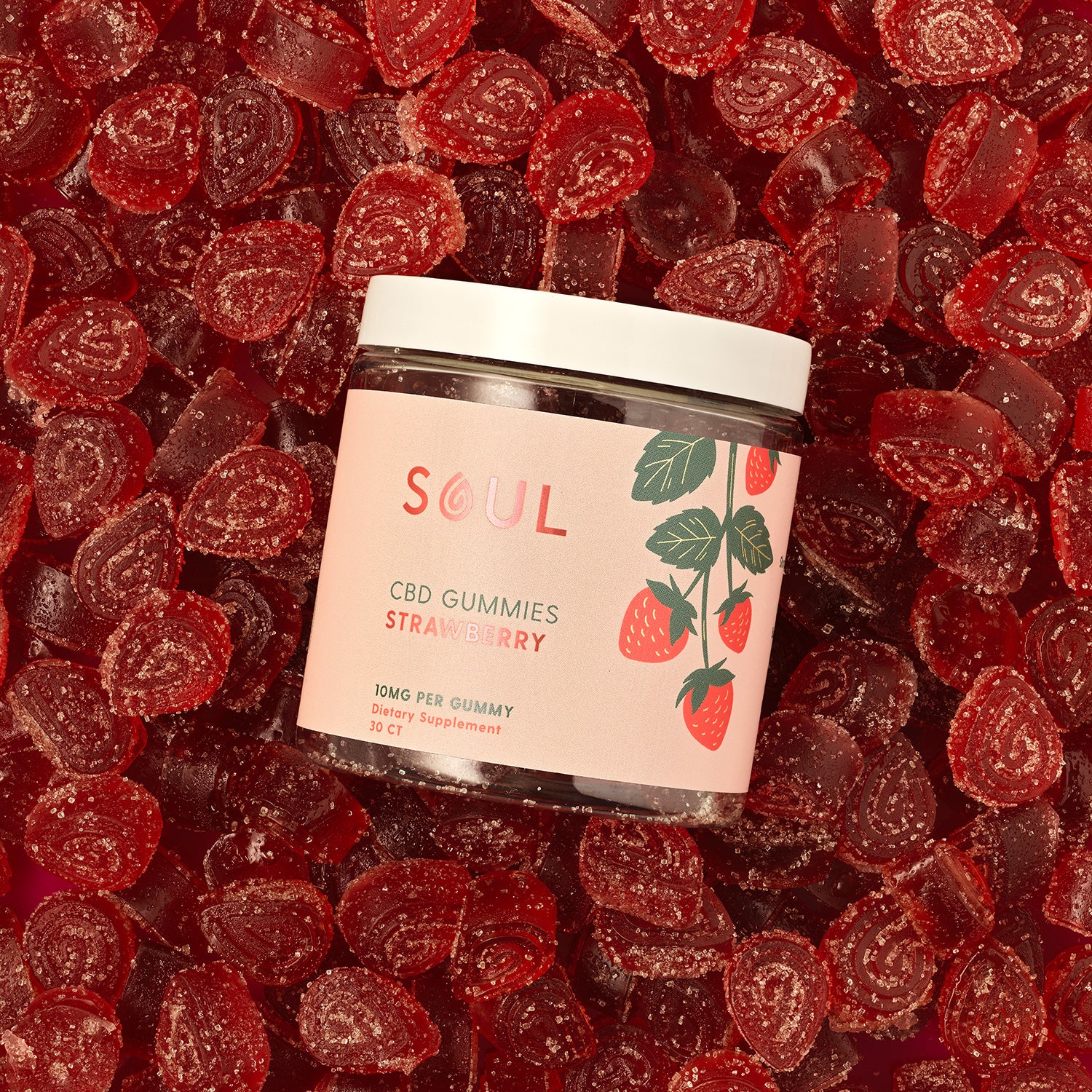 A jar of soul cbd gummies in strawberry flavor